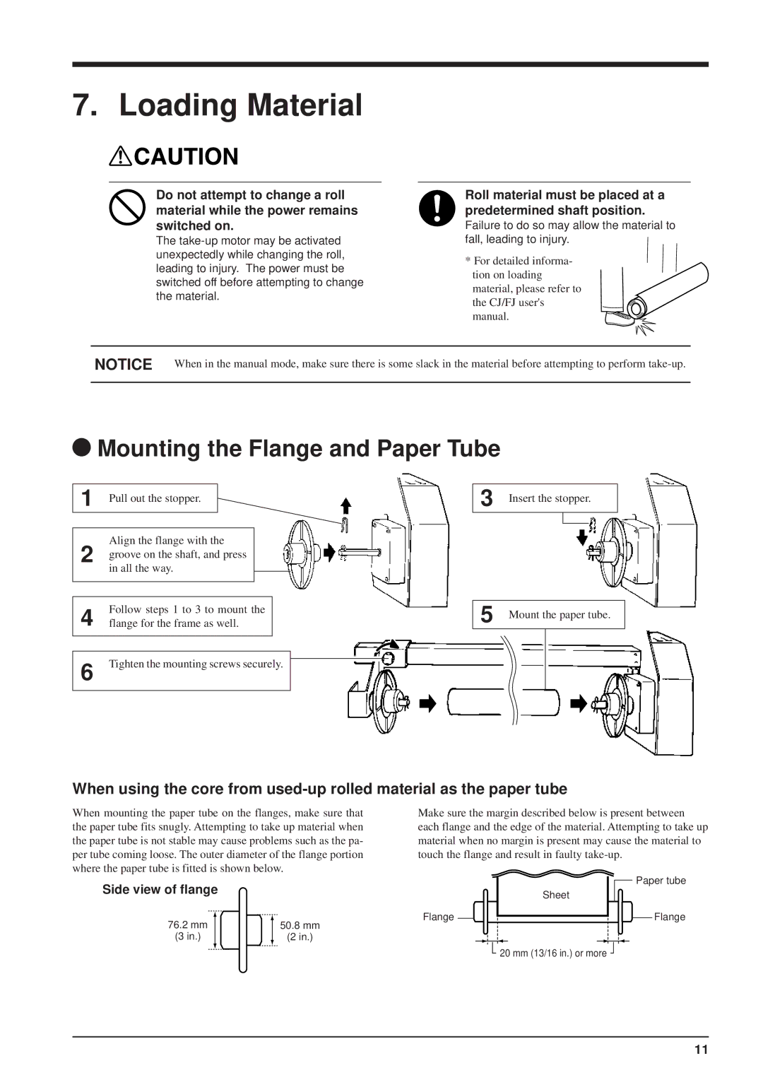 Roland TU-70, TU-60, TU-500, TU-400 user manual Loading Material, Mounting the Flange and Paper Tube, Side view of flange 