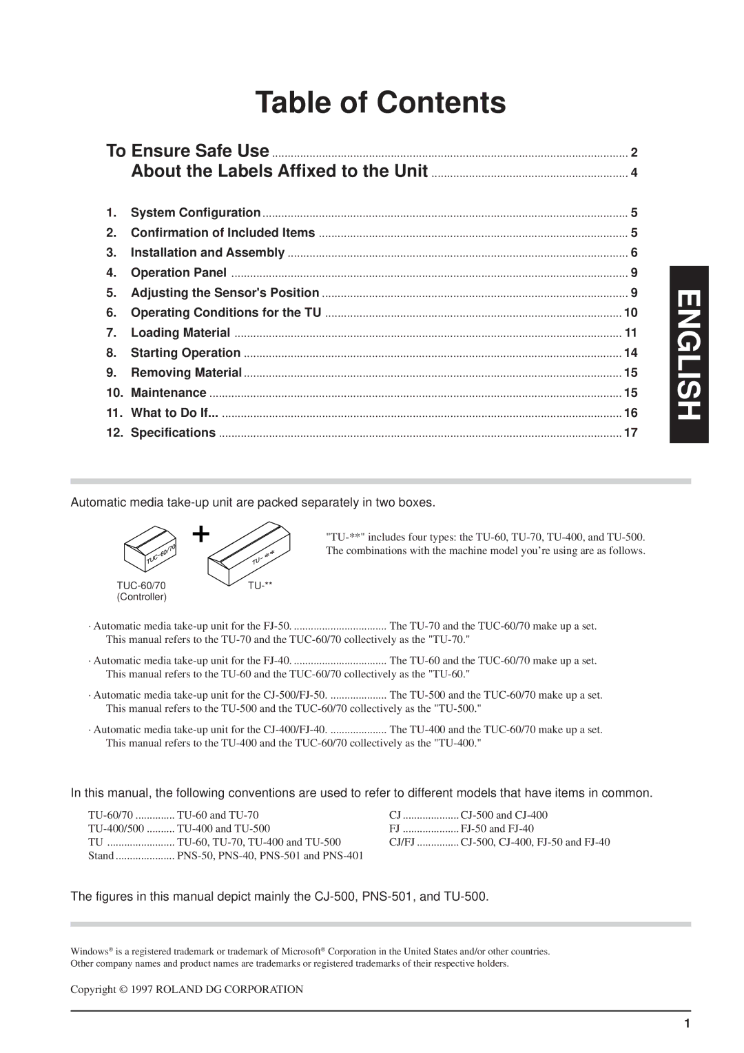 Roland TU-400, TU-60, TU-70, TU-500 user manual Table of Contents, English 