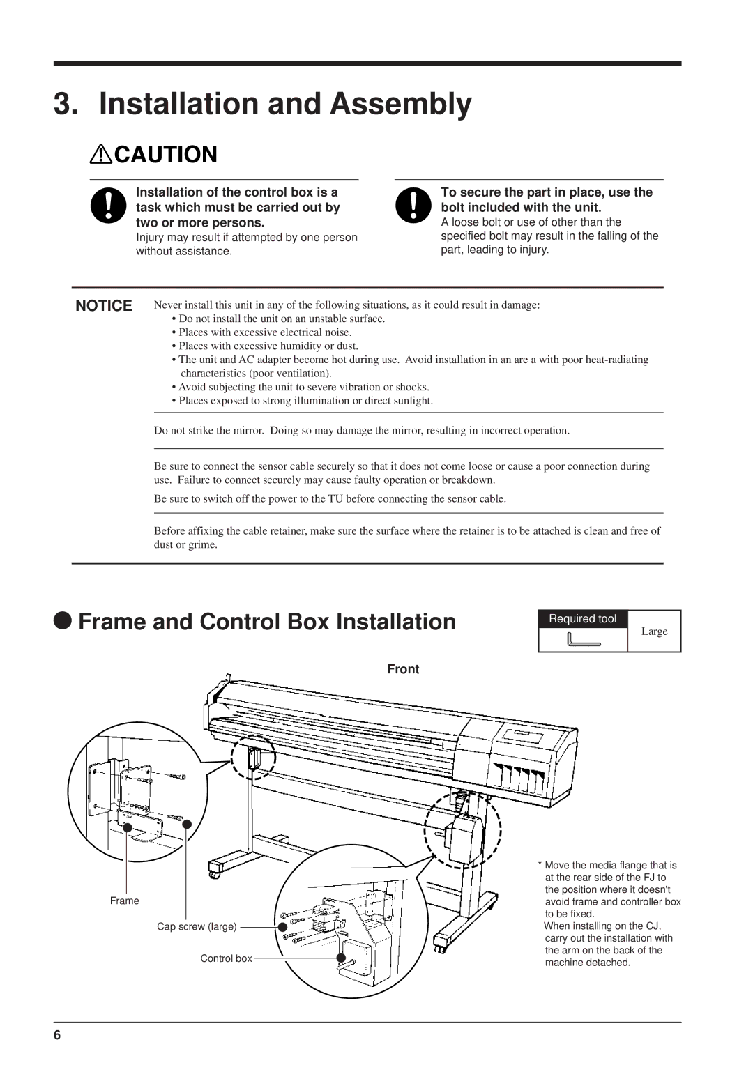 Roland TU-60, TU-70, TU-500, TU-400 user manual Installation and Assembly, Frame and Control Box Installation, Front 