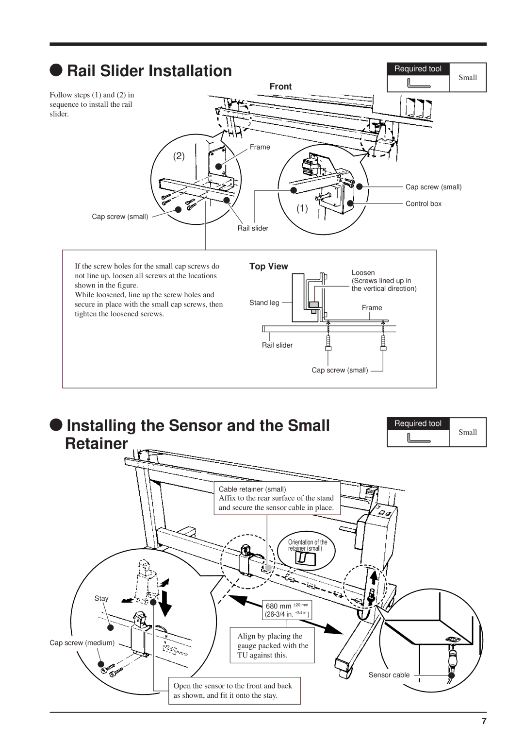 Roland TU-70, TU-60, TU-500, TU-400 Rail Slider Installation, Installing the Sensor and the Small Retainer, Top View 