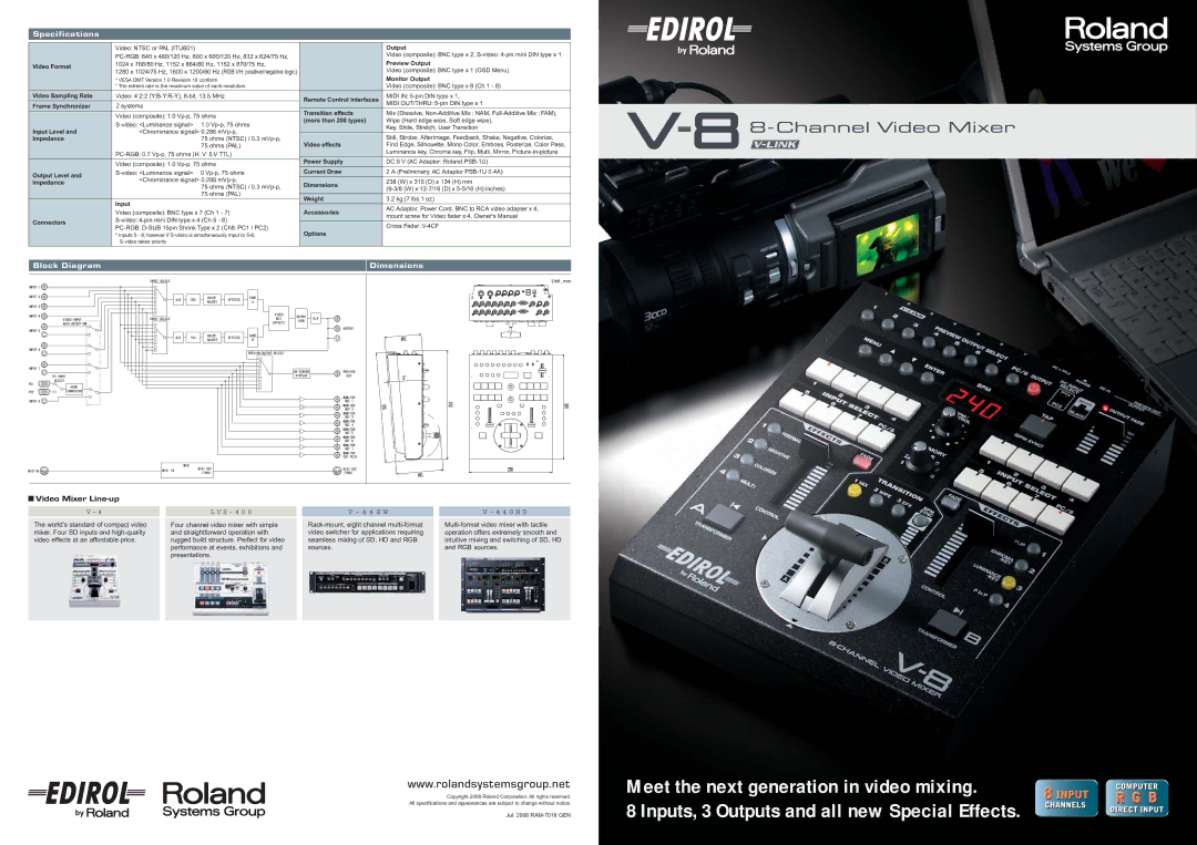 Roland V-8 specifications Video Format, Preview Output, Monitor Output, Video Sampling Rate, Remote Control Interfaces 