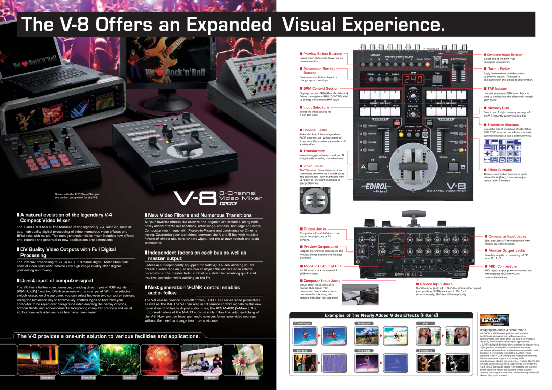 Roland V-8 specifications Natural evolution of the legendary V-4 Compact Video Mixer, Direct input of computer signal 