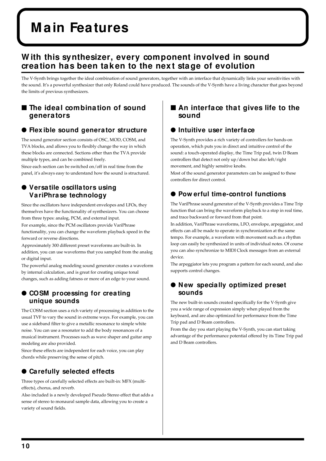 Roland V-Synth owner manual Main Features, Ideal combination of sound generators, An interface that gives life to the sound 