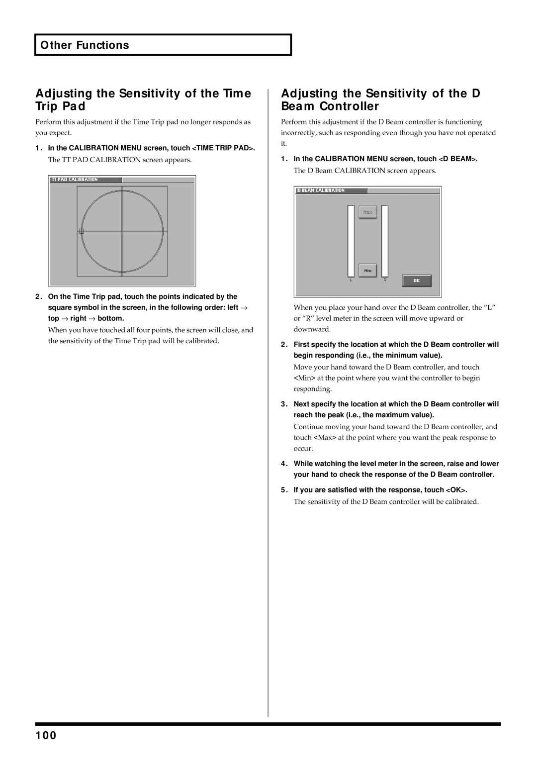 Roland V-Synth Adjusting the Sensitivity of the Time Trip Pad, Adjusting the Sensitivity of the D Beam Controller, 100 