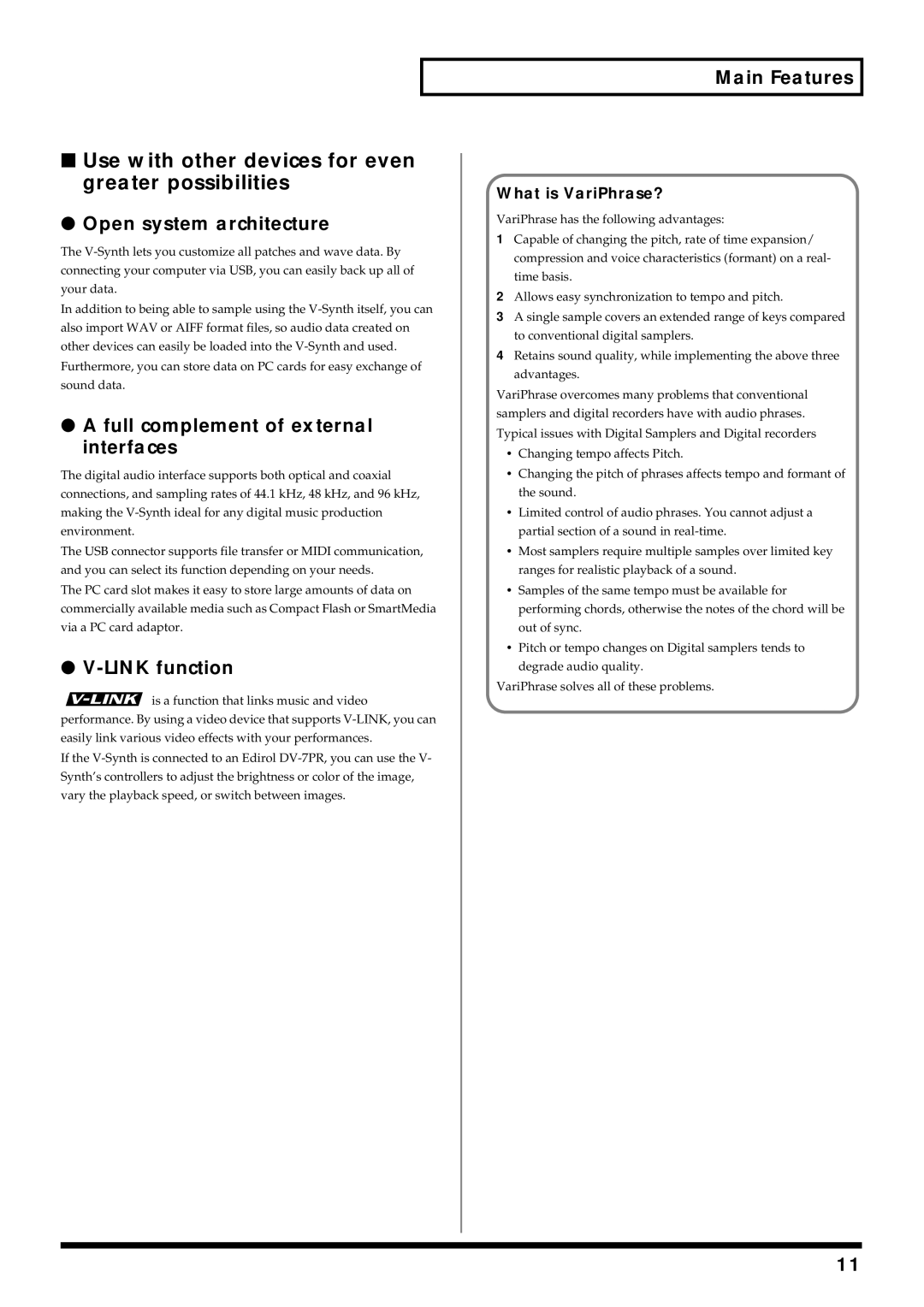 Roland V-Synth owner manual Use with other devices for even greater possibilities, Open system architecture, Link function 