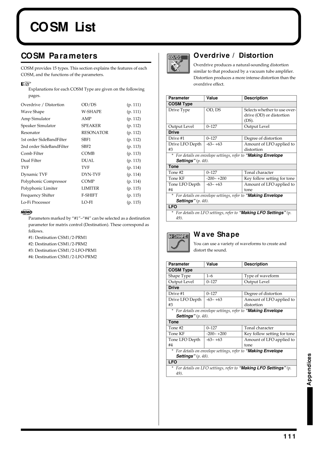 Roland V-Synth owner manual Cosm List, Cosm Parameters, Overdrive / Distortion, Wave Shape, 111 