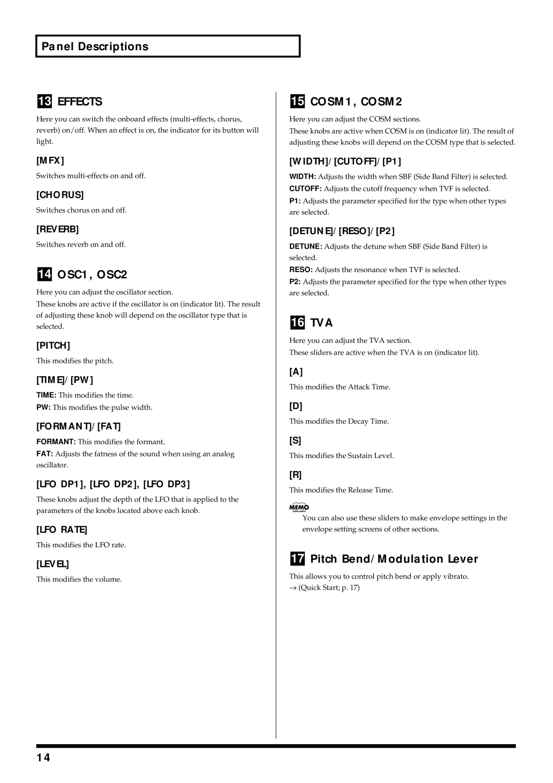 Roland V-Synth owner manual 14 OSC1, OSC2, 16 TVA, Pitch Bend/Modulation Lever, LFO DP1, LFO DP2, LFO DP3 