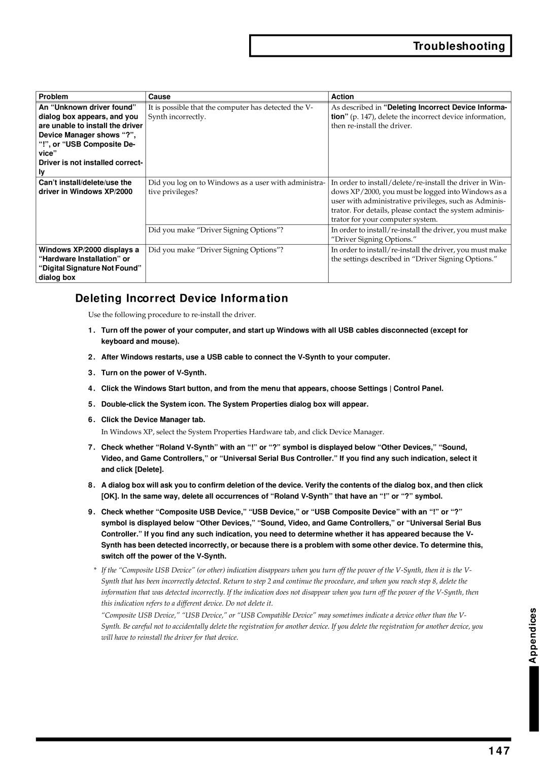 Roland V-Synth owner manual Deleting Incorrect Device Information, 147 