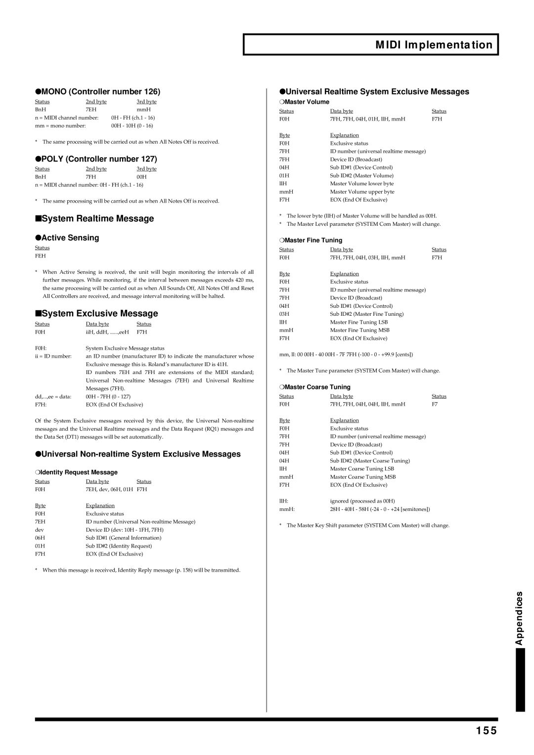 Roland V-Synth owner manual 155, Identity Request Message, Master Volume, Master Fine Tuning, Master Coarse Tuning 