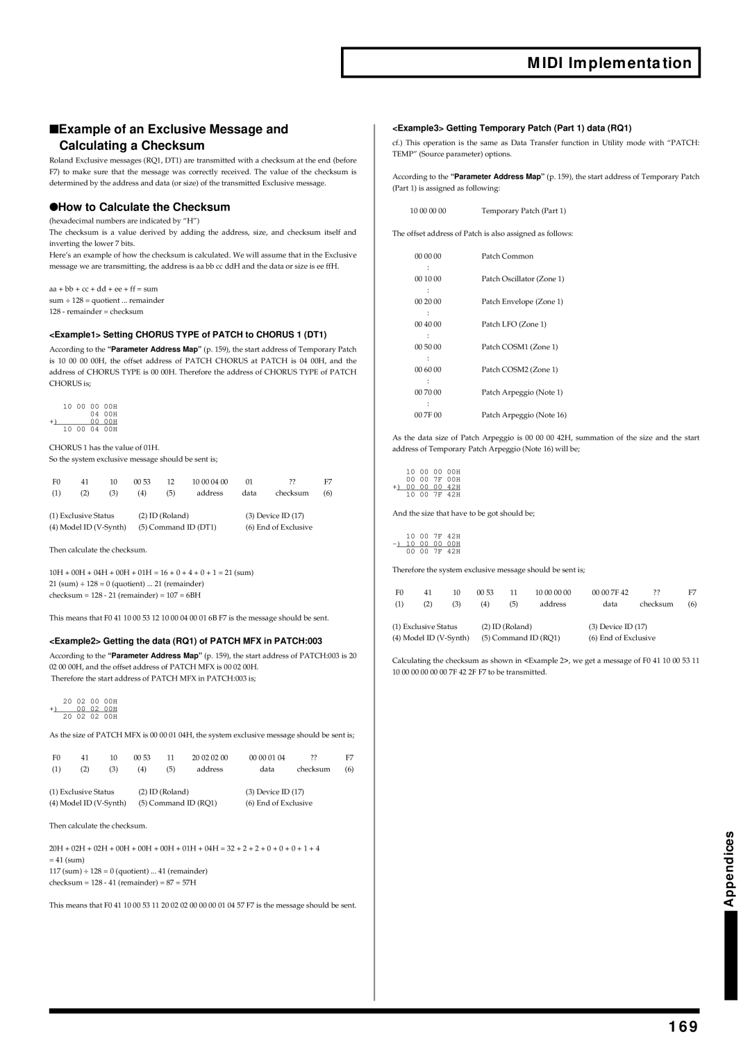 Roland V-Synth owner manual 169, Example1 Setting Chorus Type of Patch to Chorus 1 DT1 