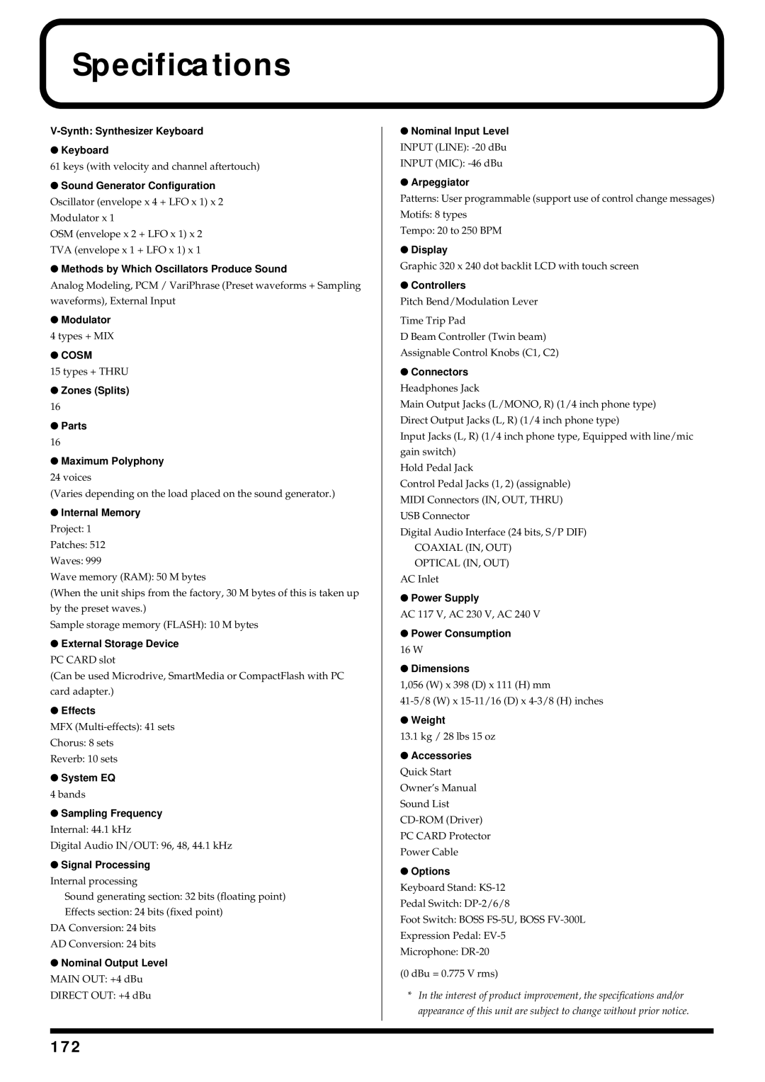 Roland V-Synth owner manual Specifications, 172 