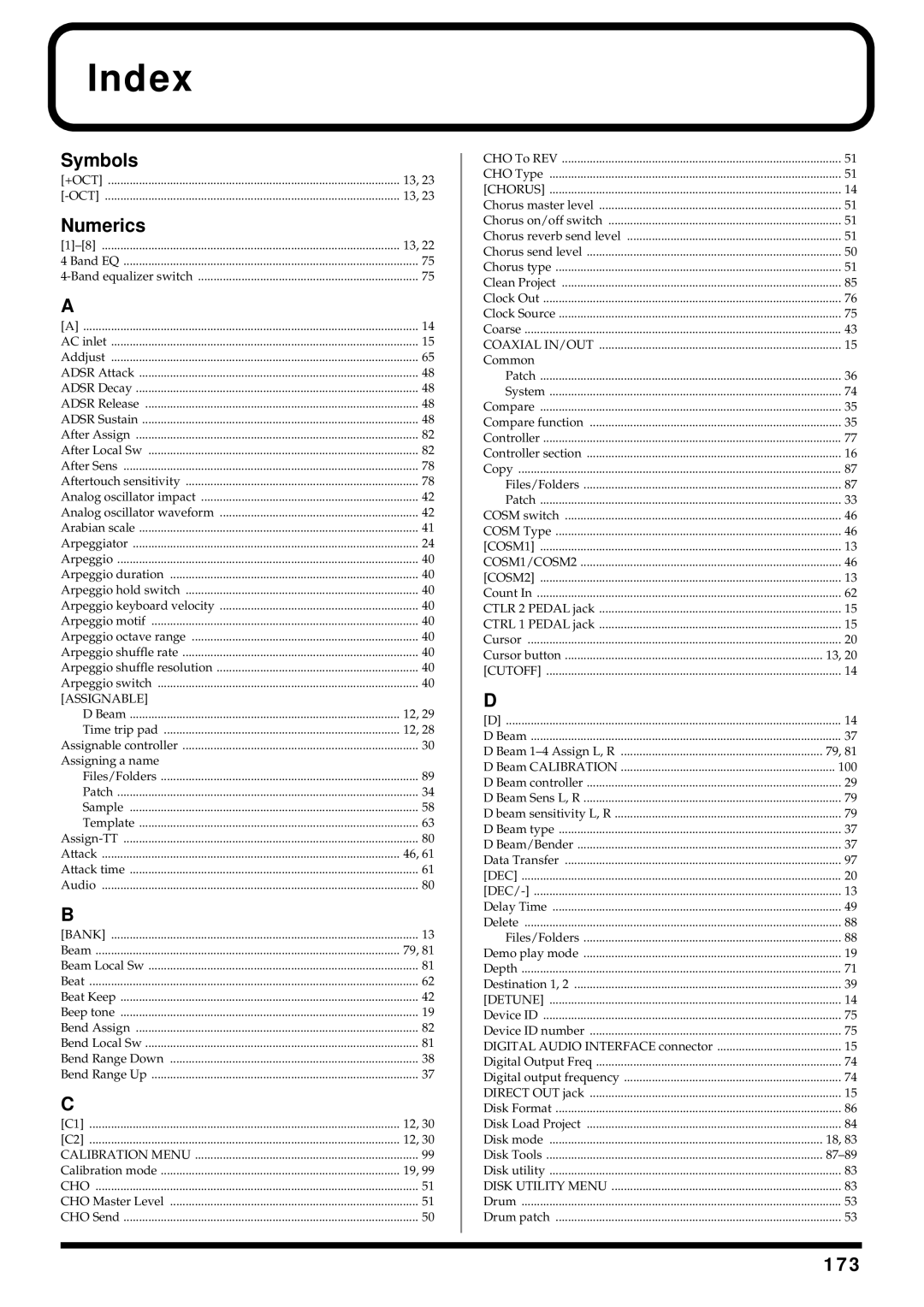 Roland V-Synth owner manual Index, 173, Assignable 