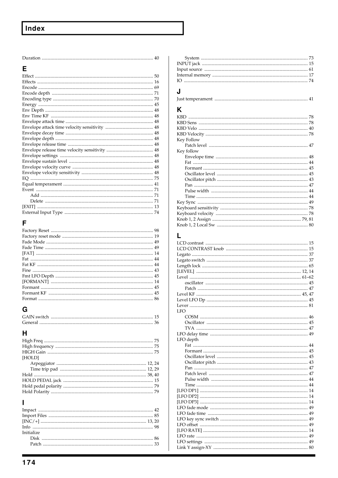 Roland V-Synth owner manual Index, 174, Hold, Lfo 