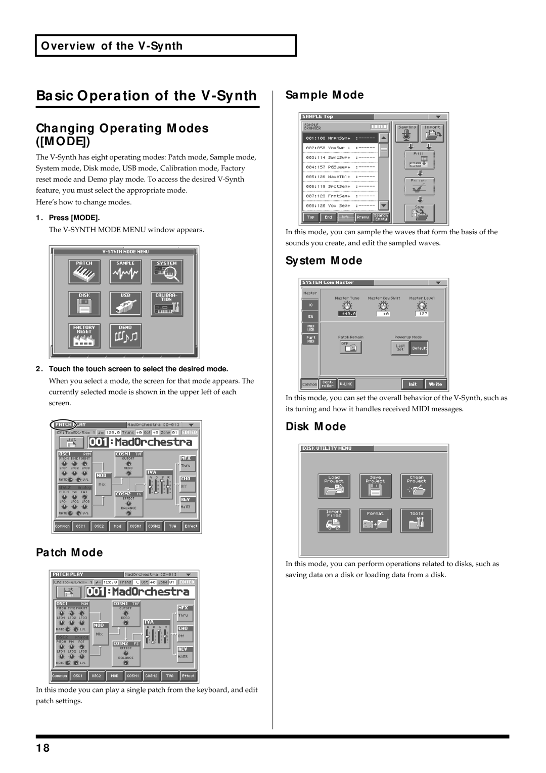 Roland owner manual Basic Operation of the V-Synth, Changing Operating Modes Mode 