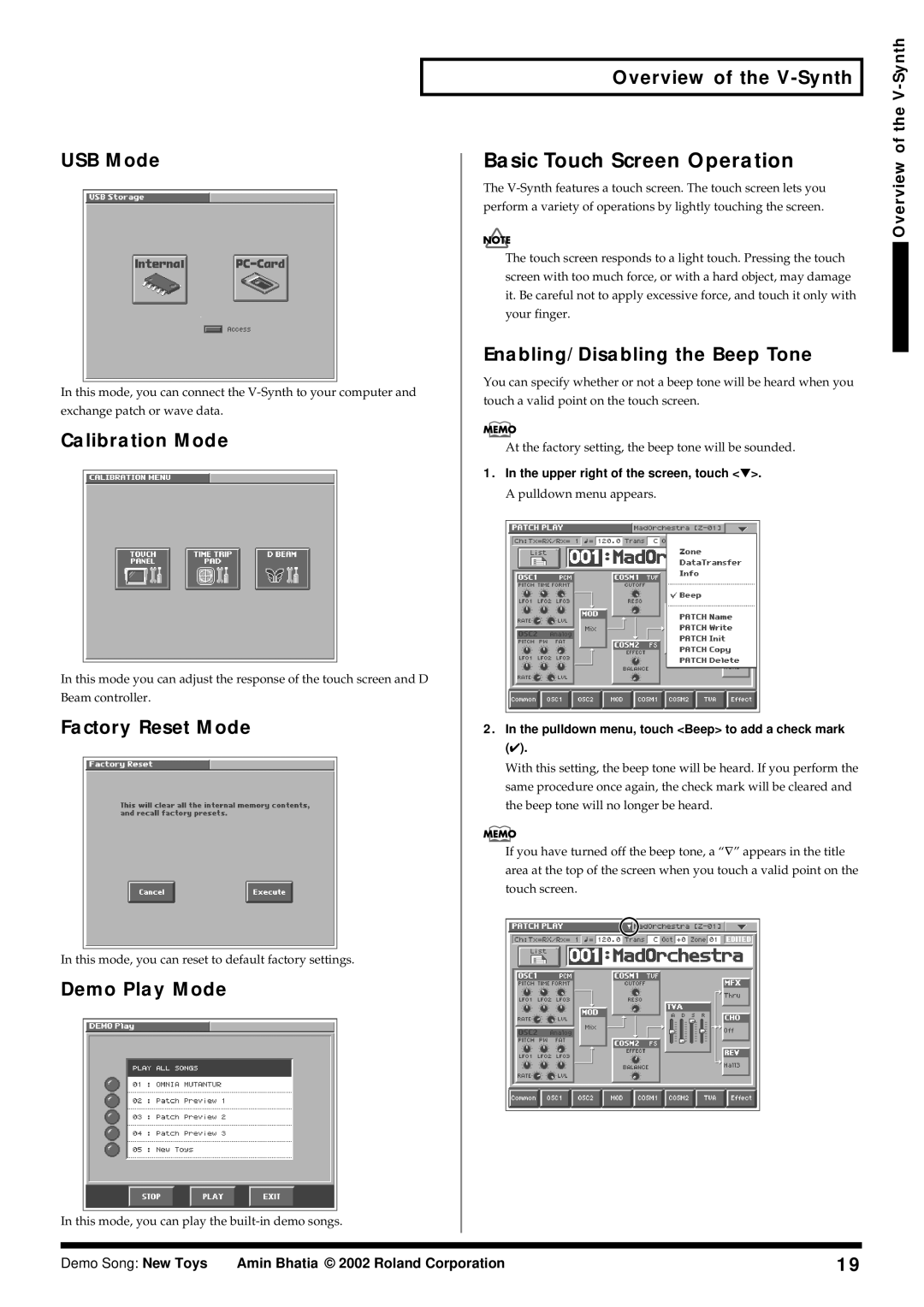 Roland V-Synth owner manual Basic Touch Screen Operation 