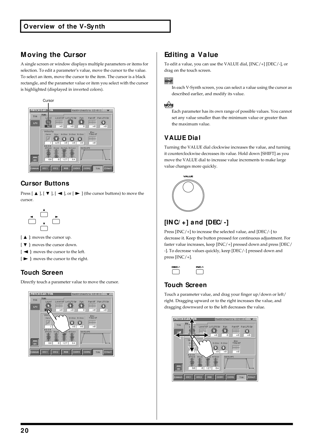 Roland V-Synth owner manual Moving the Cursor, Editing a Value 