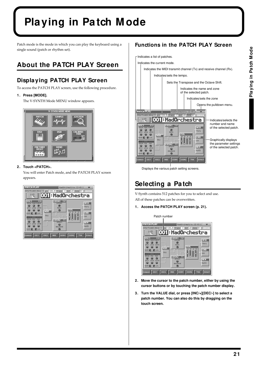 Roland V-Synth Playing in Patch Mode, About the Patch Play Screen, Selecting a Patch, Displaying Patch Play Screen 