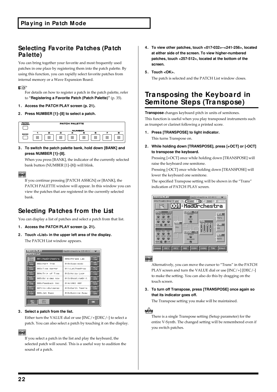 Roland V-Synth owner manual Transposing the Keyboard in Semitone Steps Transpose, Selecting Favorite Patches Patch Palette 