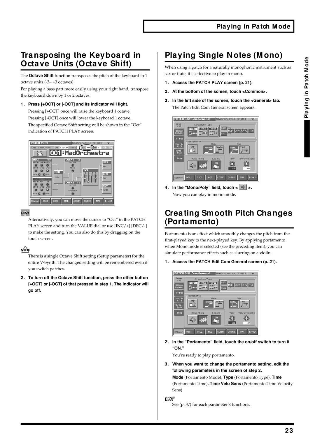 Roland V-Synth owner manual Transposing the Keyboard in Octave Units Octave Shift, Playing Single Notes Mono 