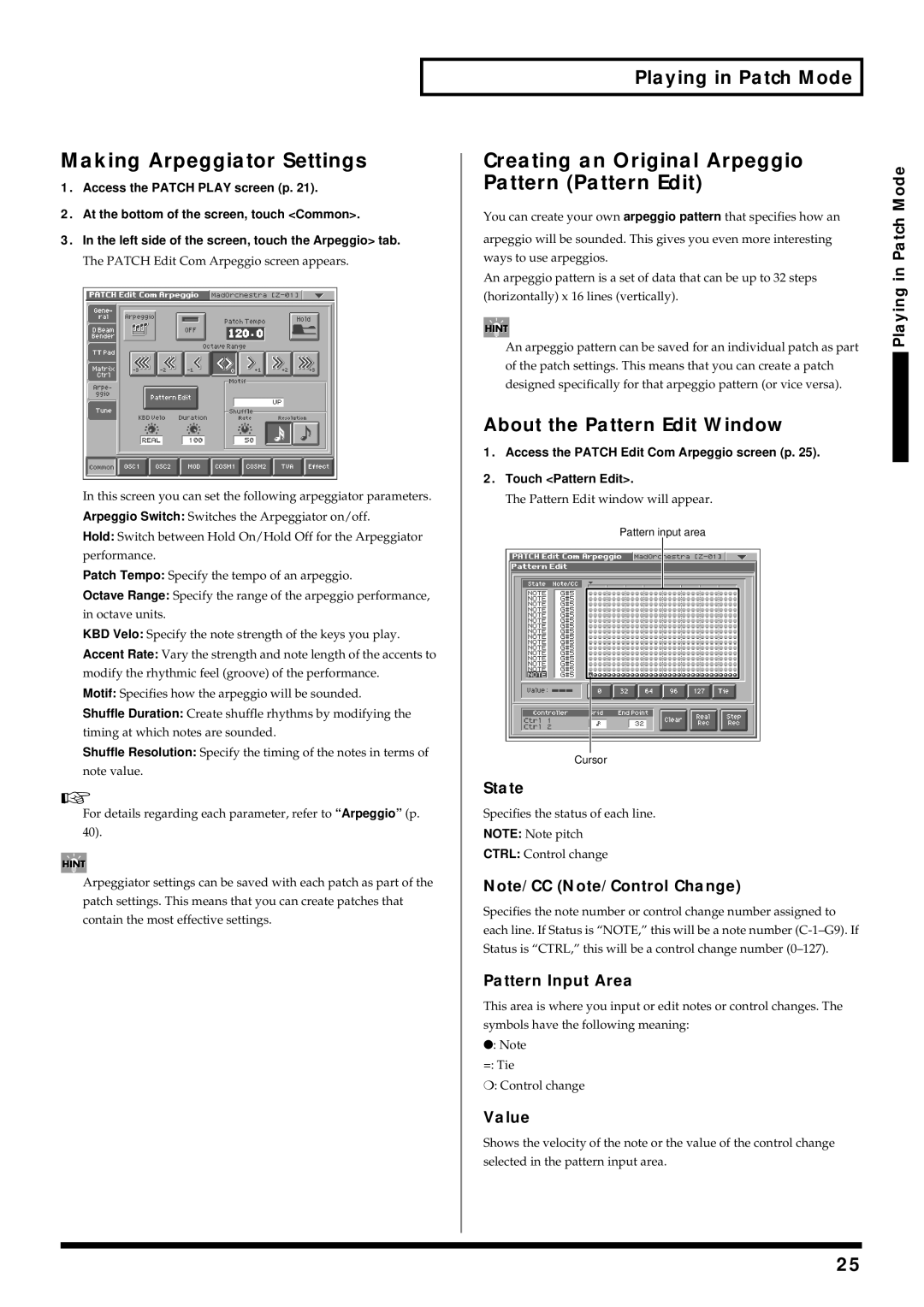 Roland V-Synth owner manual Making Arpeggiator Settings, Creating an Original Arpeggio Pattern Pattern Edit 