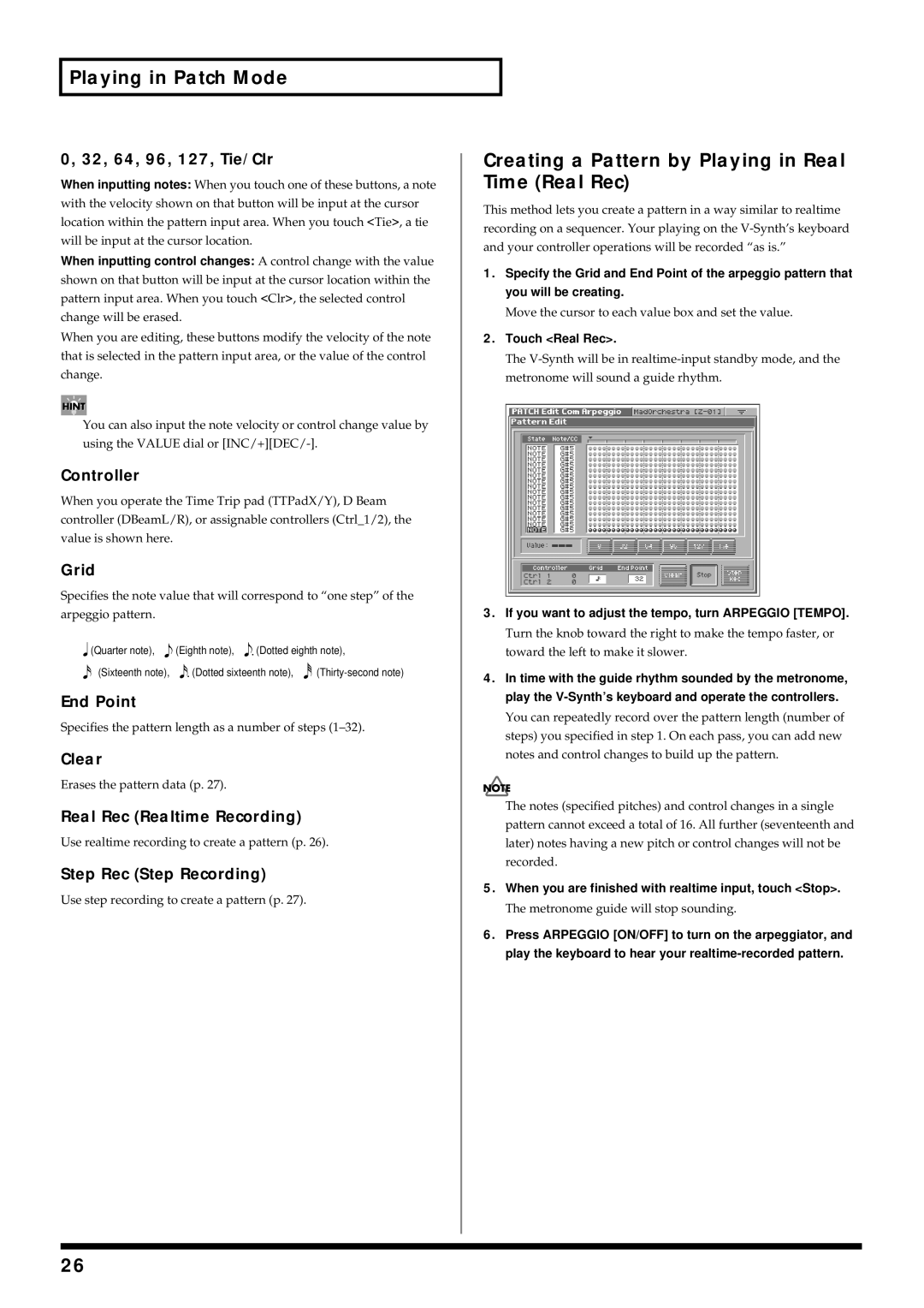 Roland V-Synth owner manual Creating a Pattern by Playing in Real Time Real Rec 