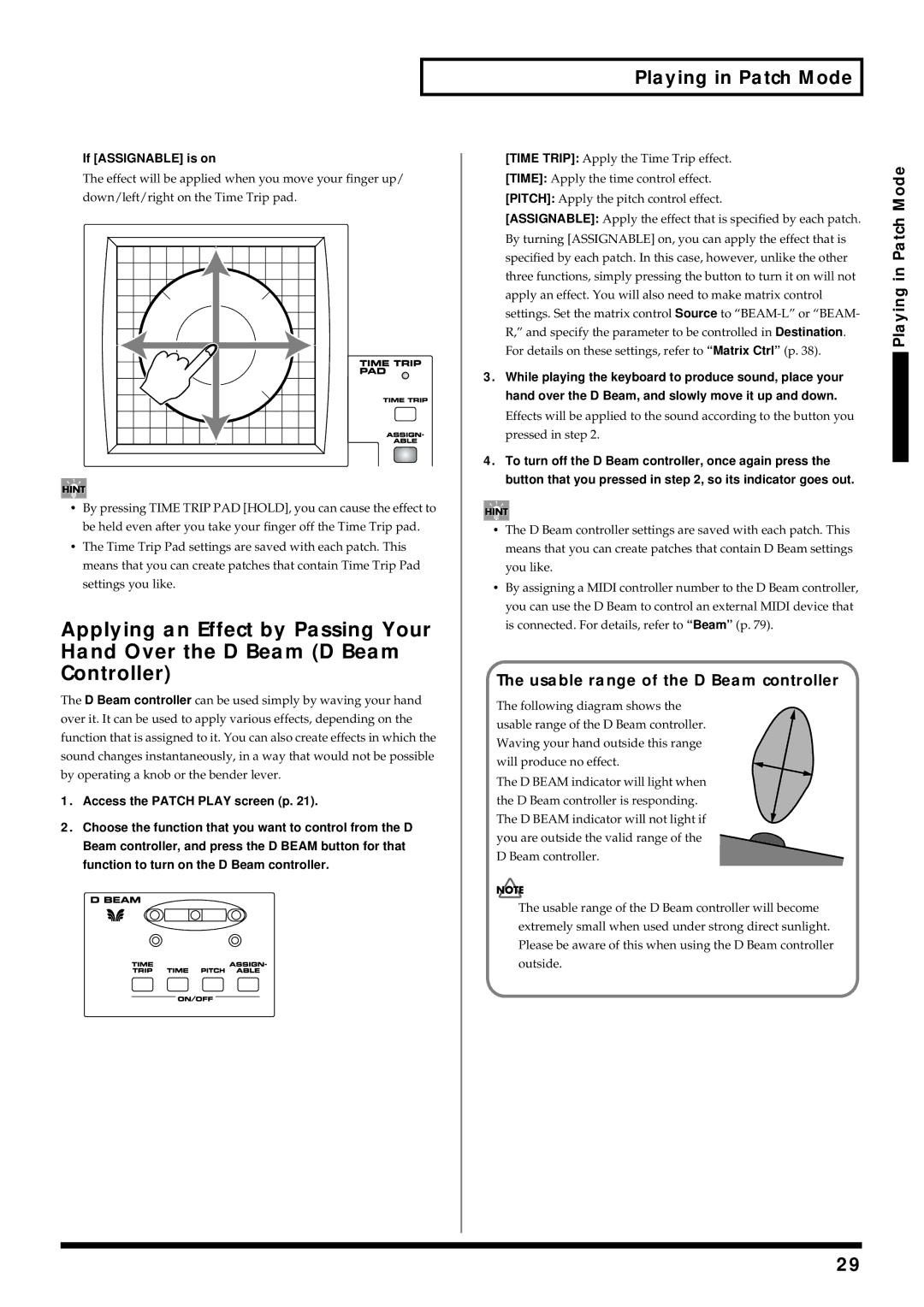 Roland V-Synth Mode, Usable range of the D Beam controller, If Assignable is on, Function to turn on the D Beam controller 