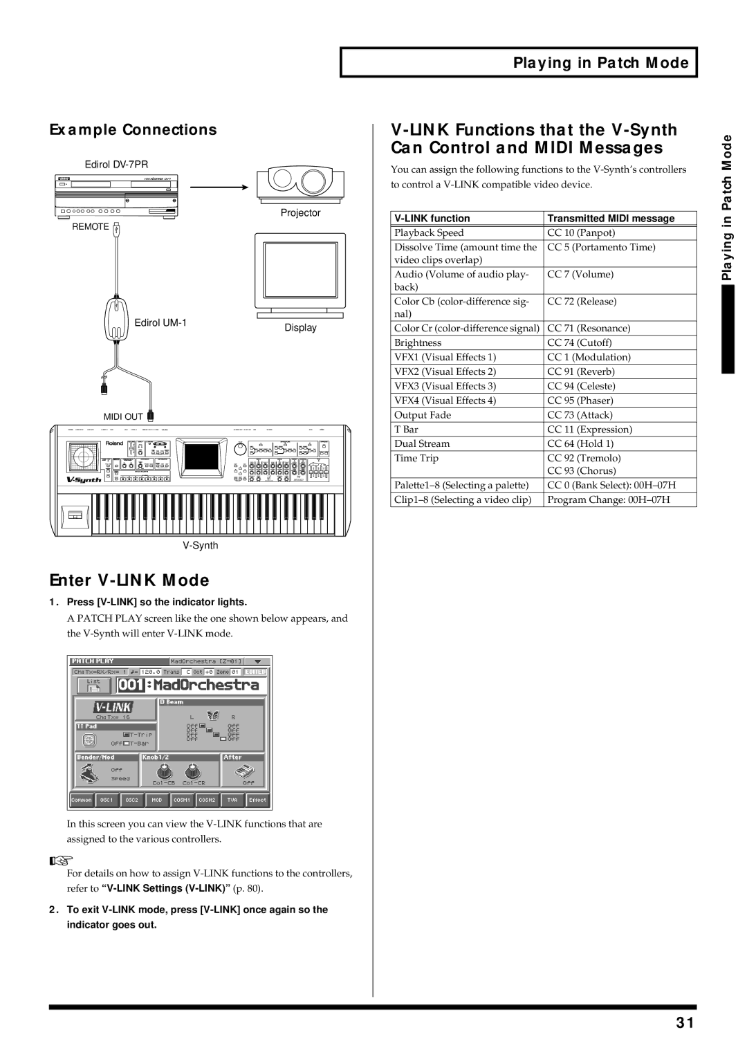 Roland V-Synth owner manual Enter V-LINK Mode, Example Connections, Press V-LINK so the indicator lights 