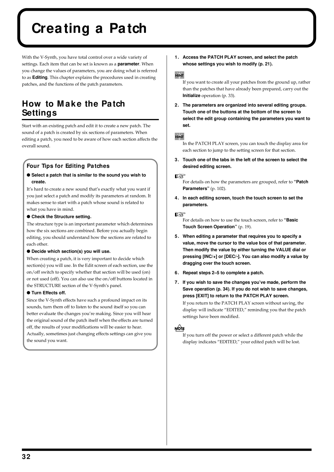 Roland V-Synth owner manual Creating a Patch, How to Make the Patch Settings, Four Tips for Editing Patches 