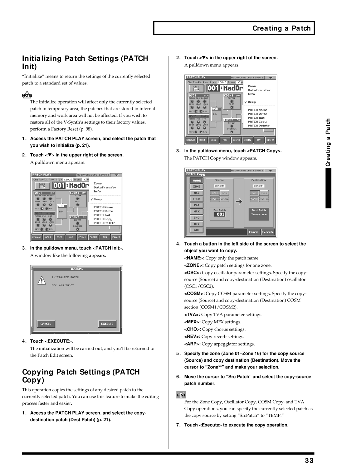 Roland V-Synth owner manual Initializing Patch Settings Patch Init, Copying Patch Settings Patch Copy 