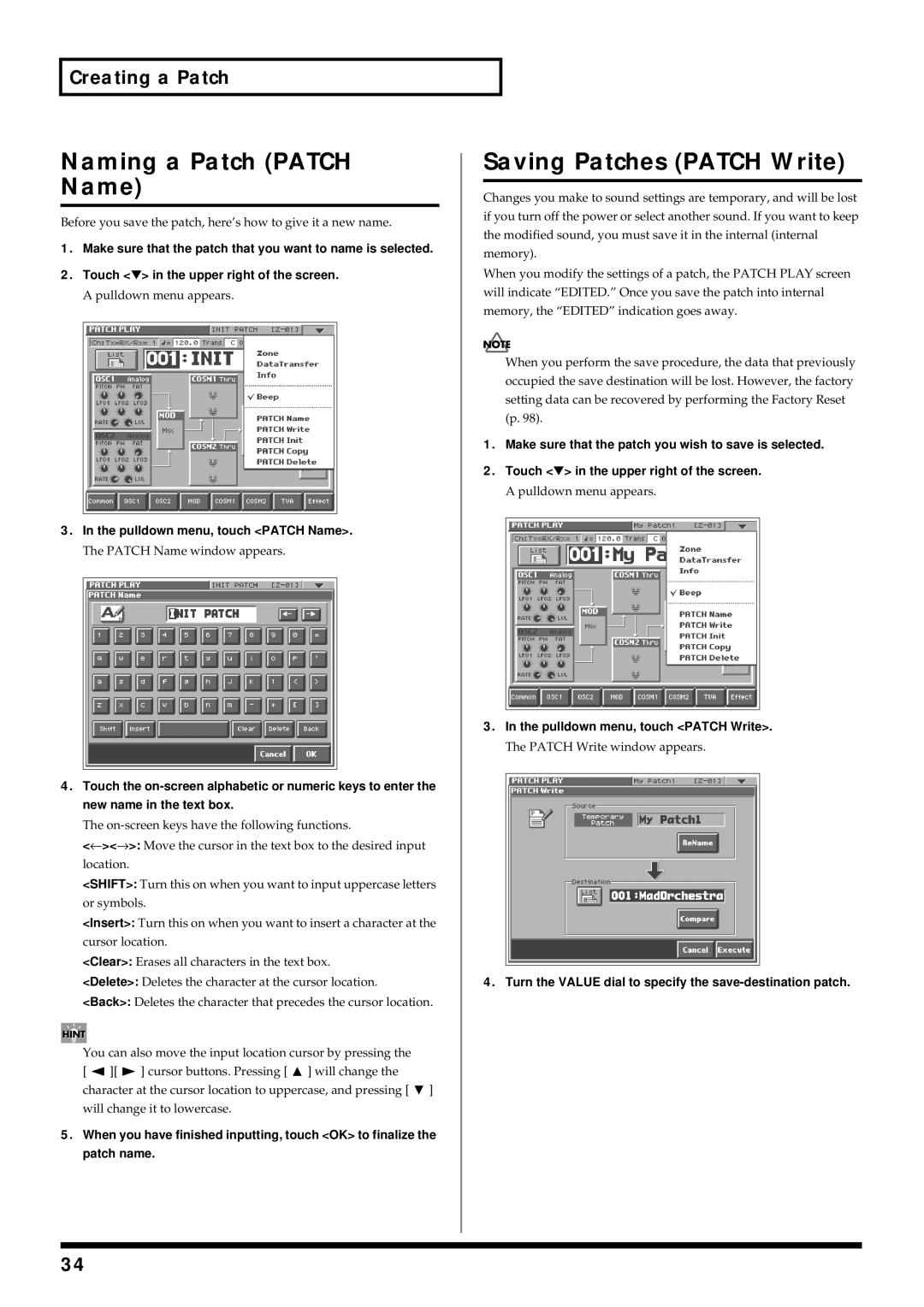 Roland V-Synth owner manual Naming a Patch Patch Name, Saving Patches Patch Write, Pulldown menu, touch Patch Name 