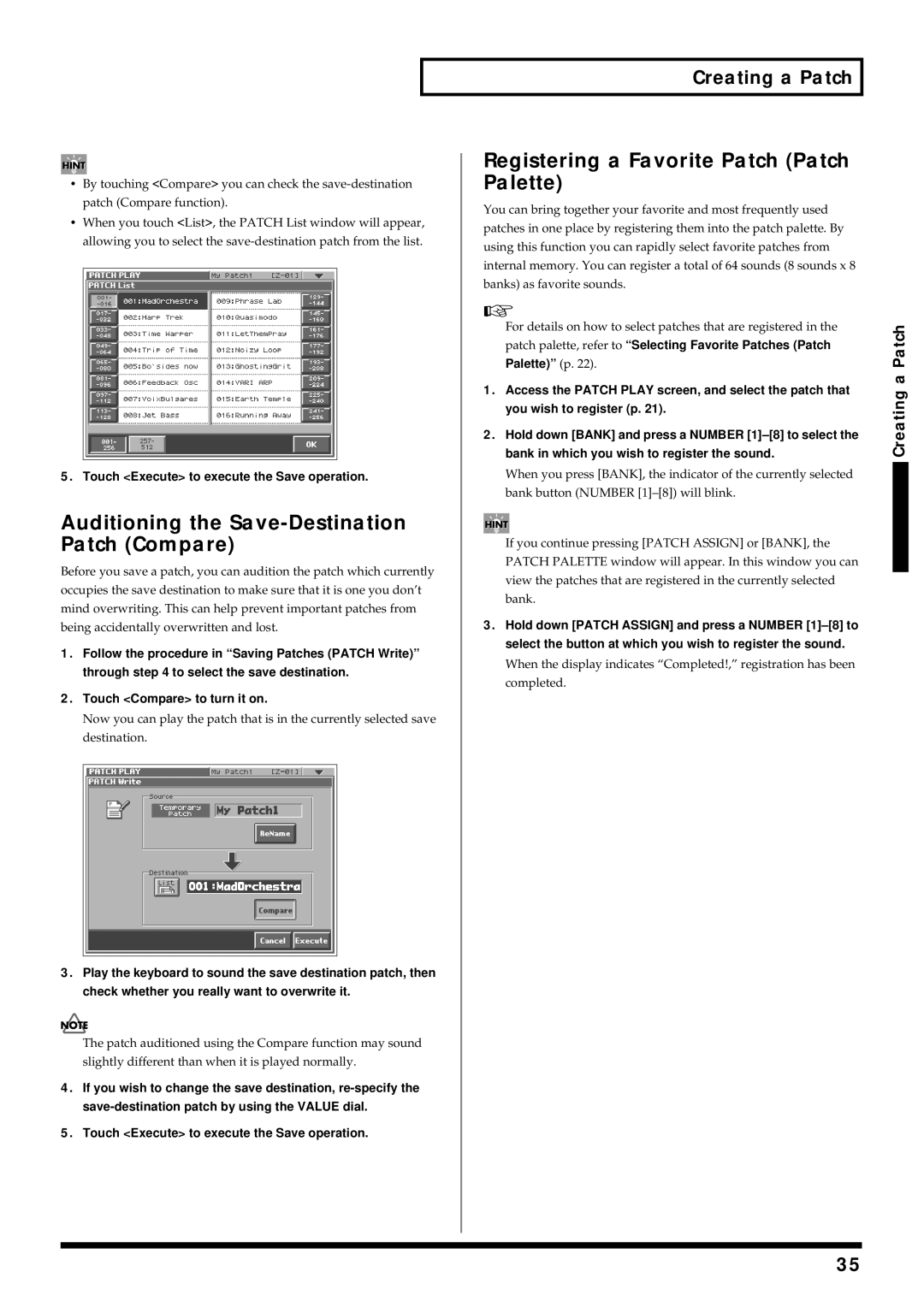 Roland V-Synth Auditioning the Save-Destination Patch Compare, Registering a Favorite Patch Patch Palette, Palette p 