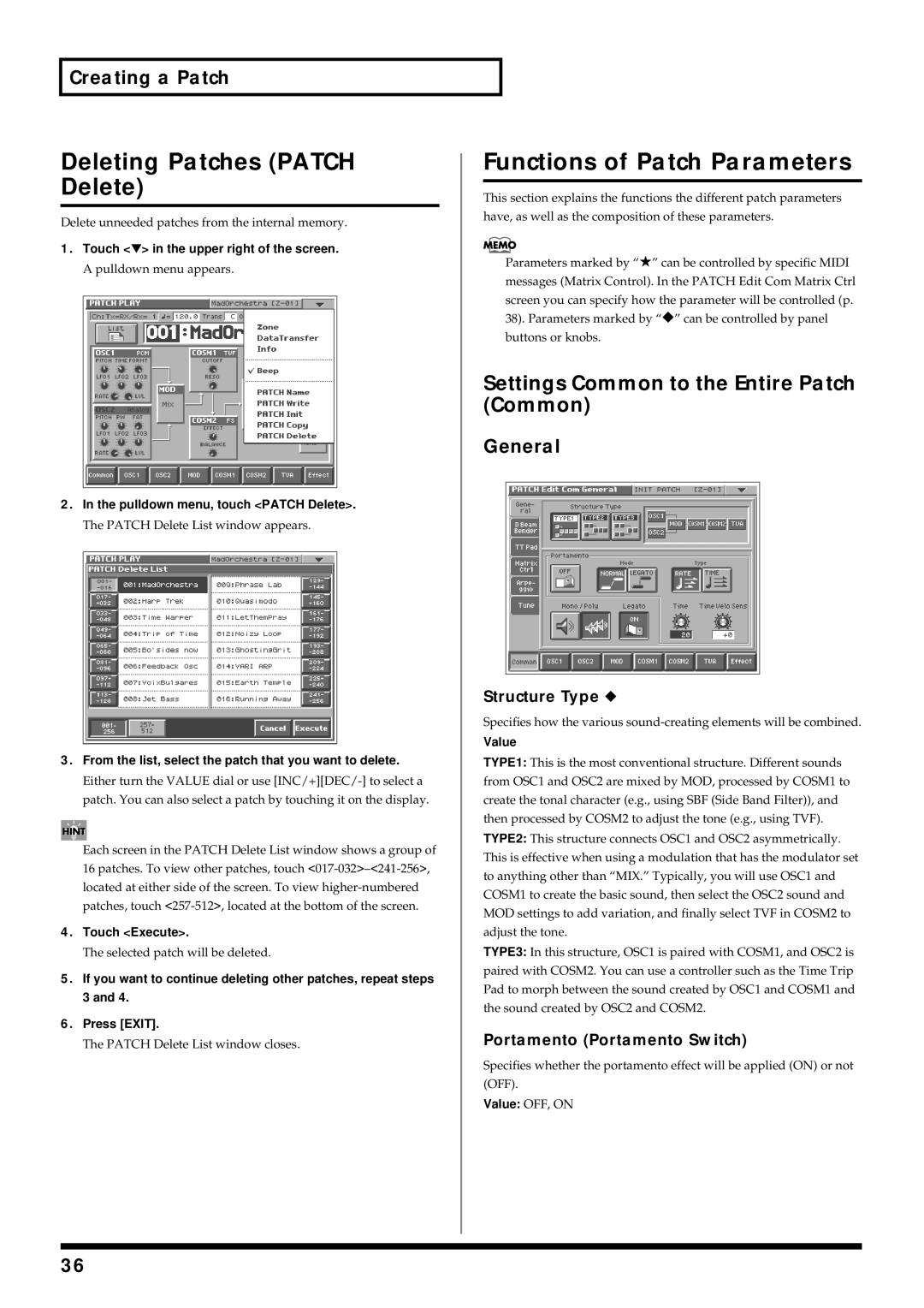 Roland V-Synth Deleting Patches Patch Delete, Functions of Patch Parameters, Settings Common to the Entire Patch Common 