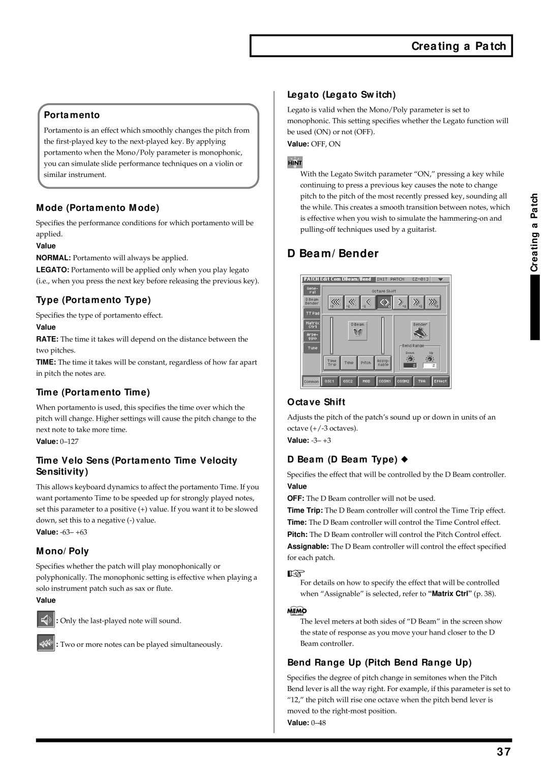 Roland V-Synth owner manual Beam/Bender 