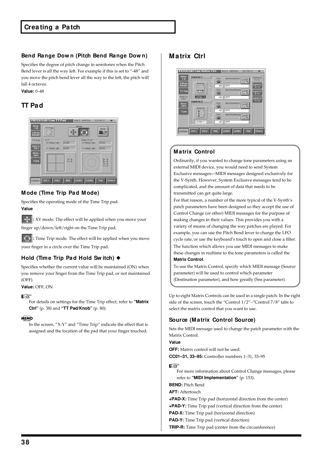 Roland V-Synth owner manual TT Pad, Matrix Ctrl 