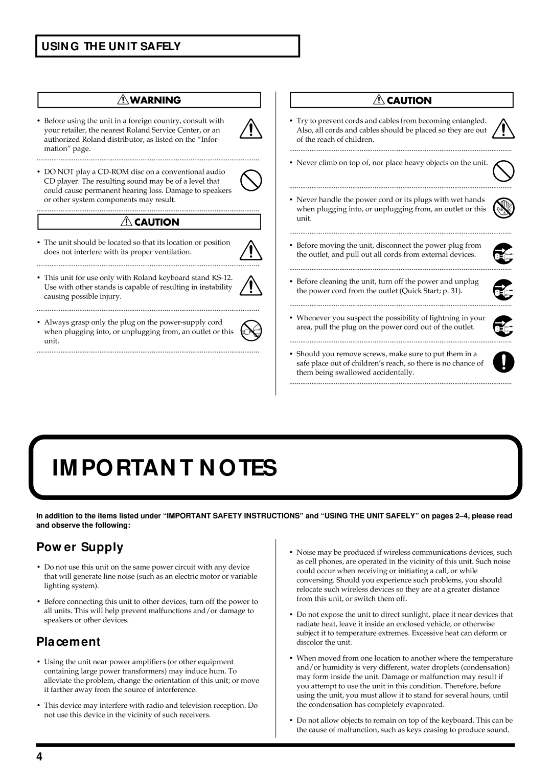 Roland V-Synth owner manual Power Supply, Placement 