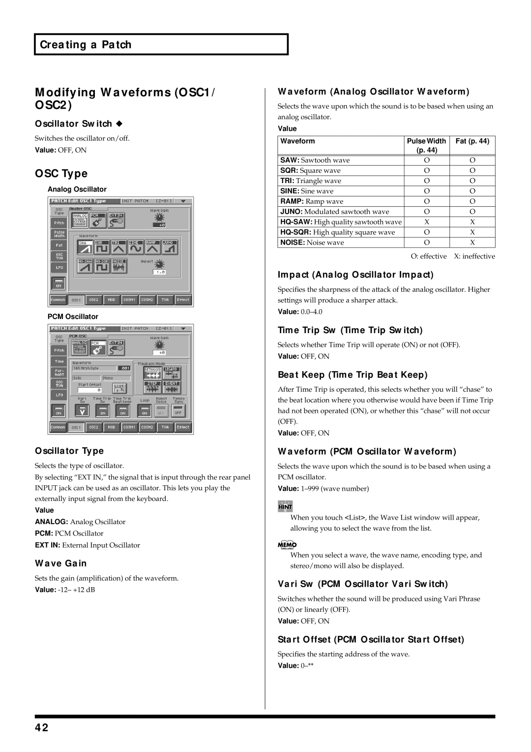 Roland V-Synth owner manual Modifying Waveforms OSC1/ OSC2, OSC Type 