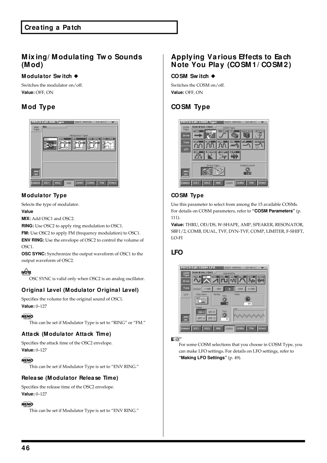 Roland V-Synth Mixing/Modulating Two Sounds Mod, Applying Various Effects to Each Note You Play COSM1/COSM2, Mod Type 