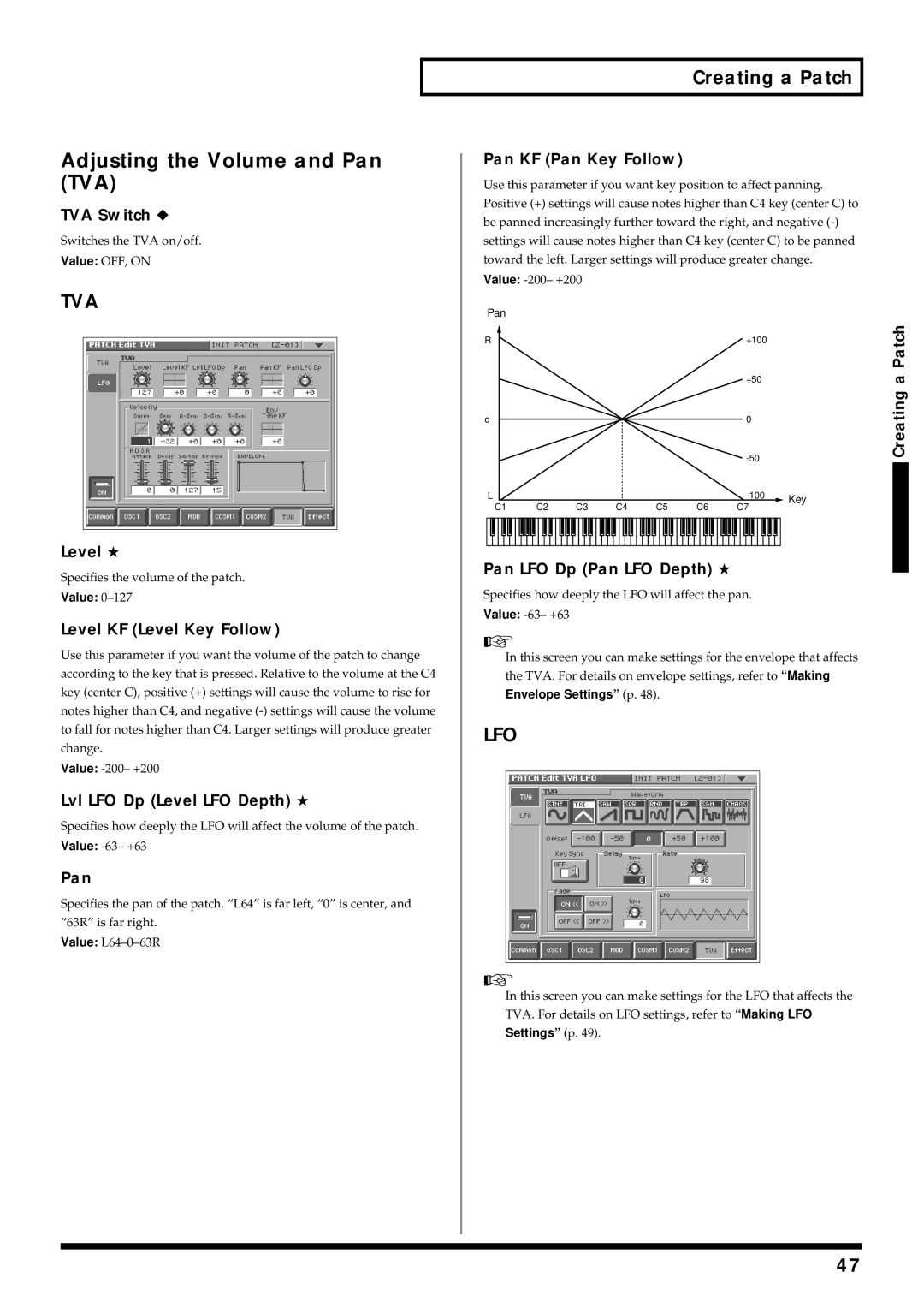 Roland V-Synth owner manual Adjusting the Volume and Pan TVA 