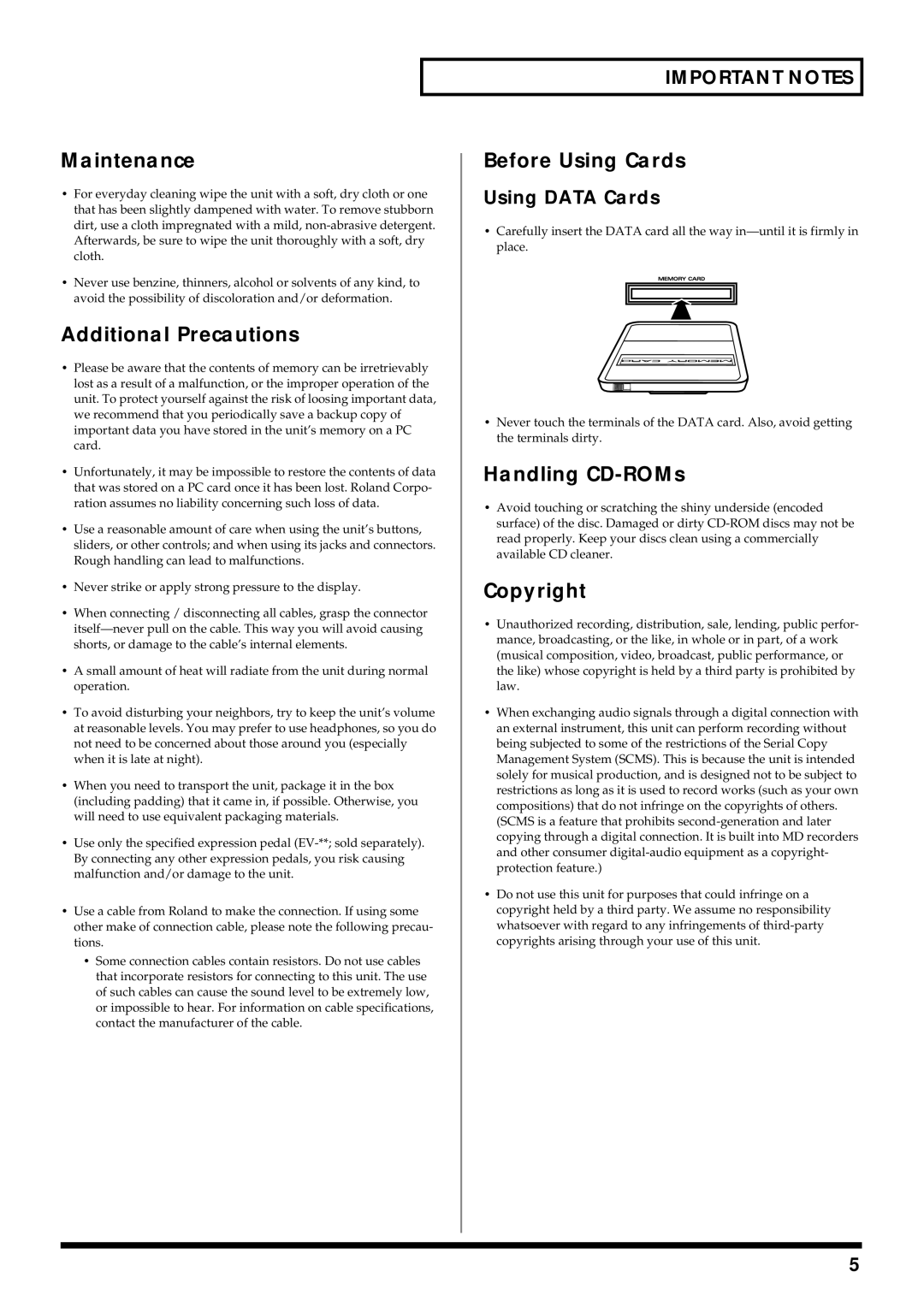 Roland V-Synth owner manual Maintenance, Additional Precautions, Before Using Cards, Handling CD-ROMs, Copyright 