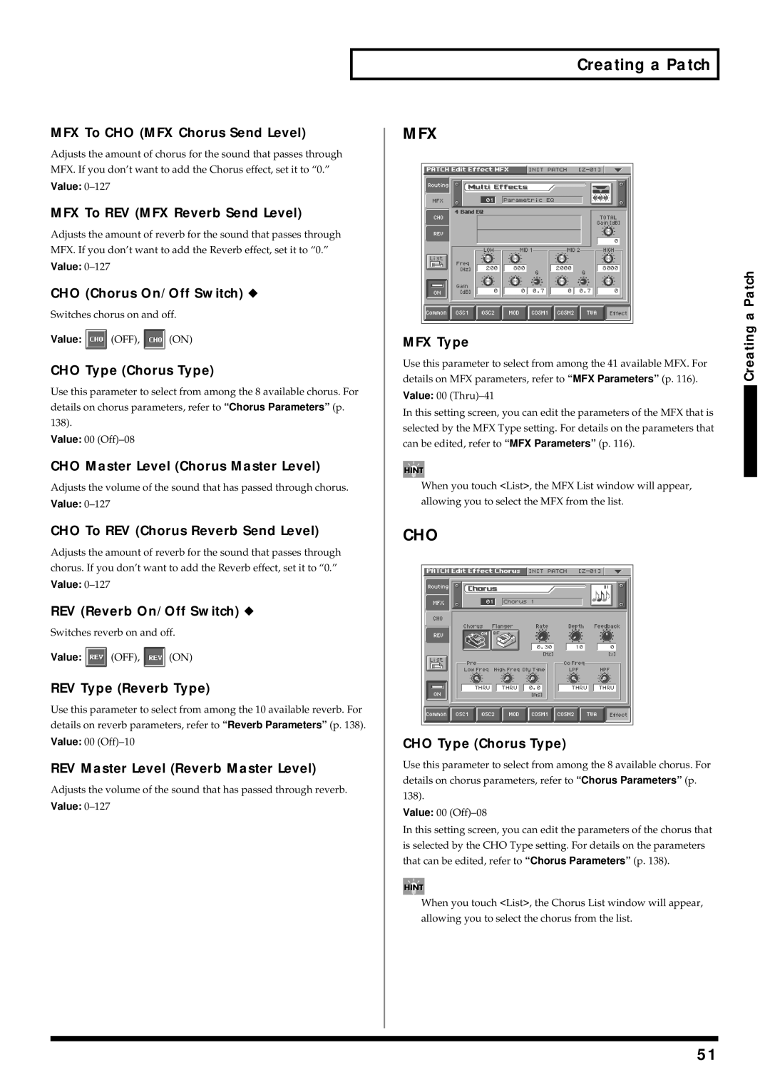 Roland V-Synth owner manual MFX To CHO MFX Chorus Send Level, MFX To REV MFX Reverb Send Level, CHO Chorus On/Off Switch 