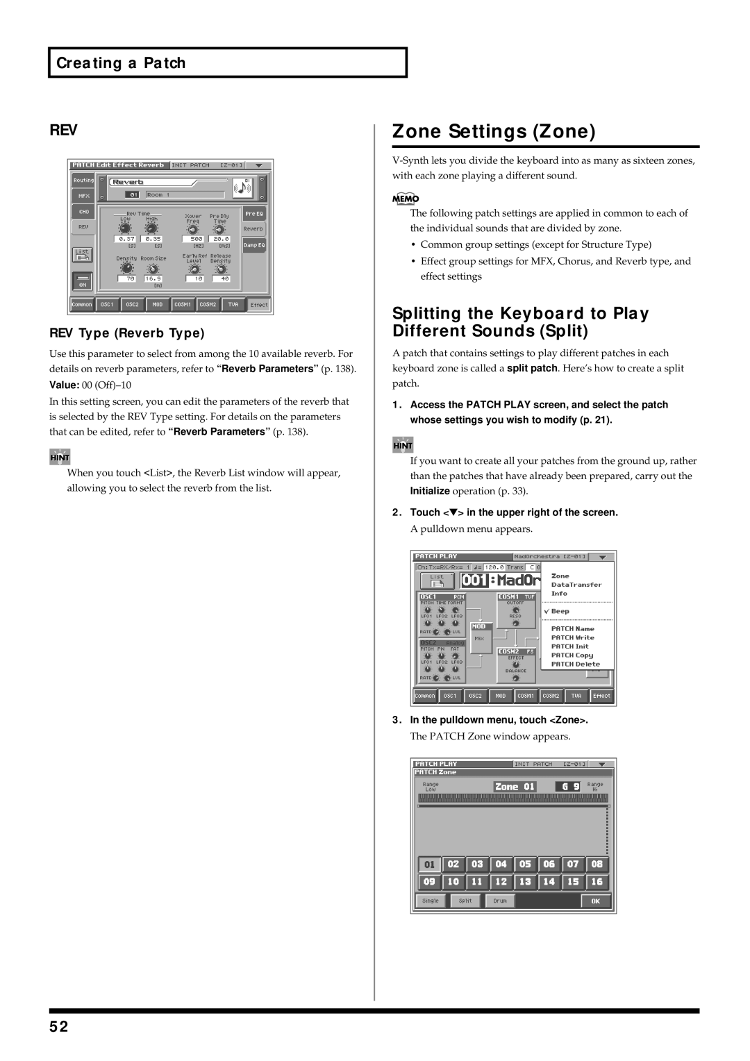 Roland V-Synth Zone Settings Zone, Splitting the Keyboard to Play Different Sounds Split, Pulldown menu, touch Zone 