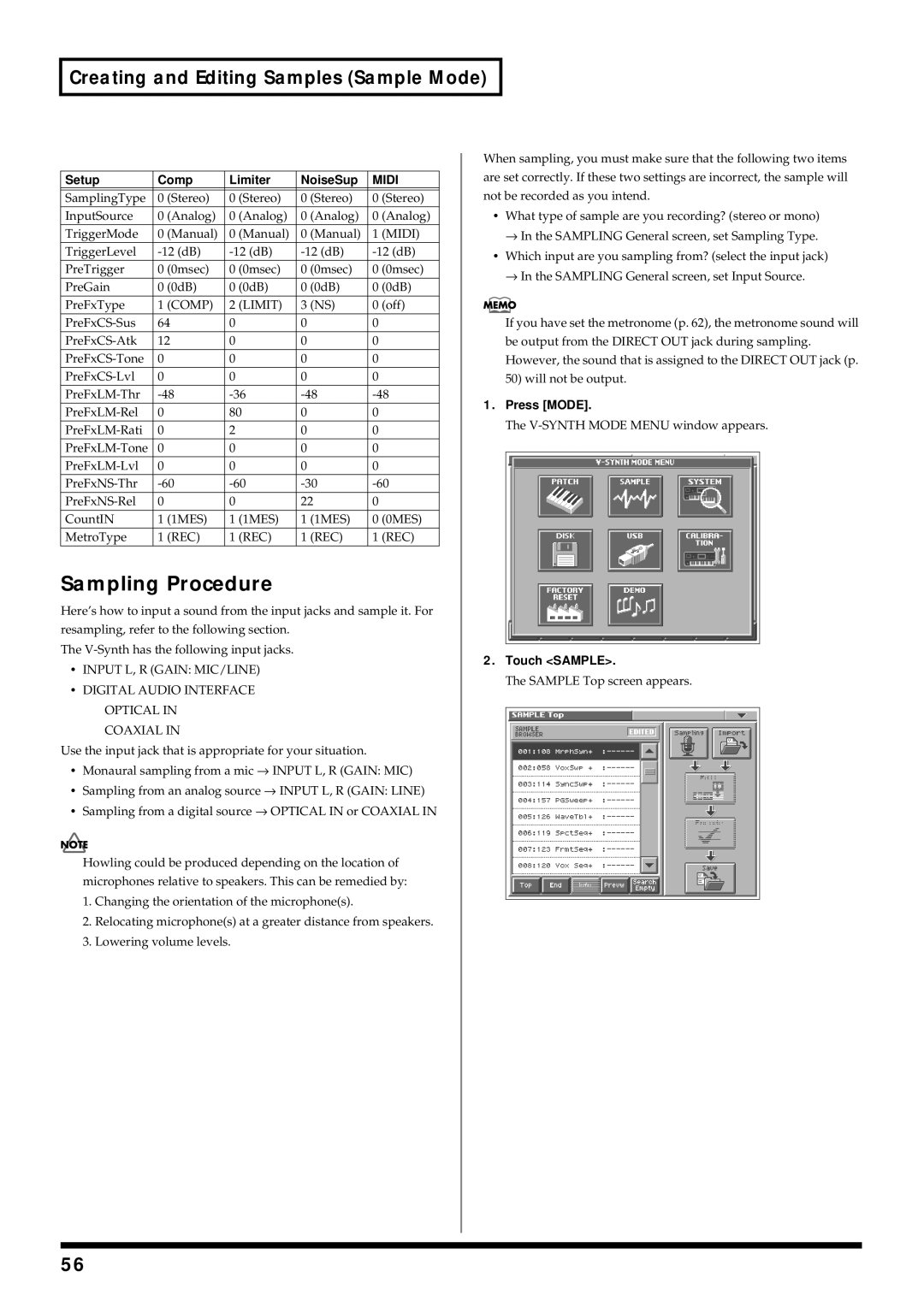 Roland V-Synth owner manual Sampling Procedure, Setup Comp Limiter NoiseSup, Touch Sample 