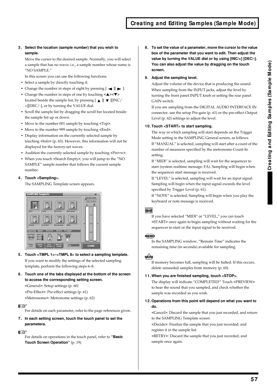 Roland V-Synth Select the location sample number that you wish to sample, Touch Sampling, Touch Start to start sampling 