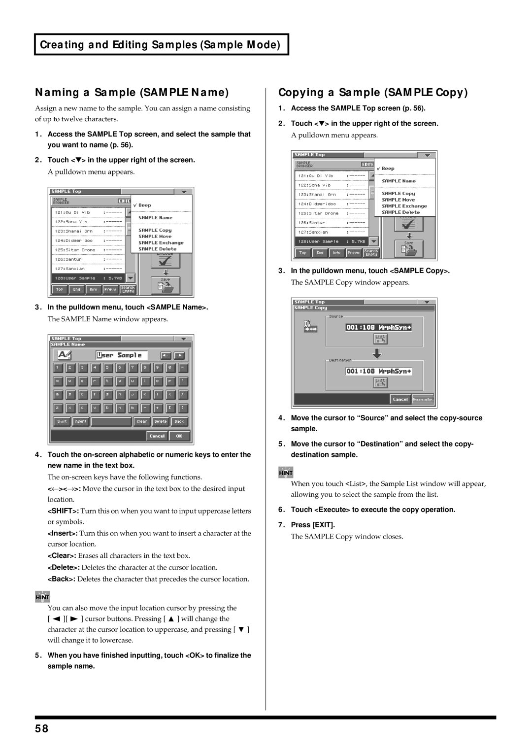 Roland V-Synth Copying a Sample Sample Copy, Pulldown menu, touch Sample Name, Pulldown menu, touch Sample Copy 