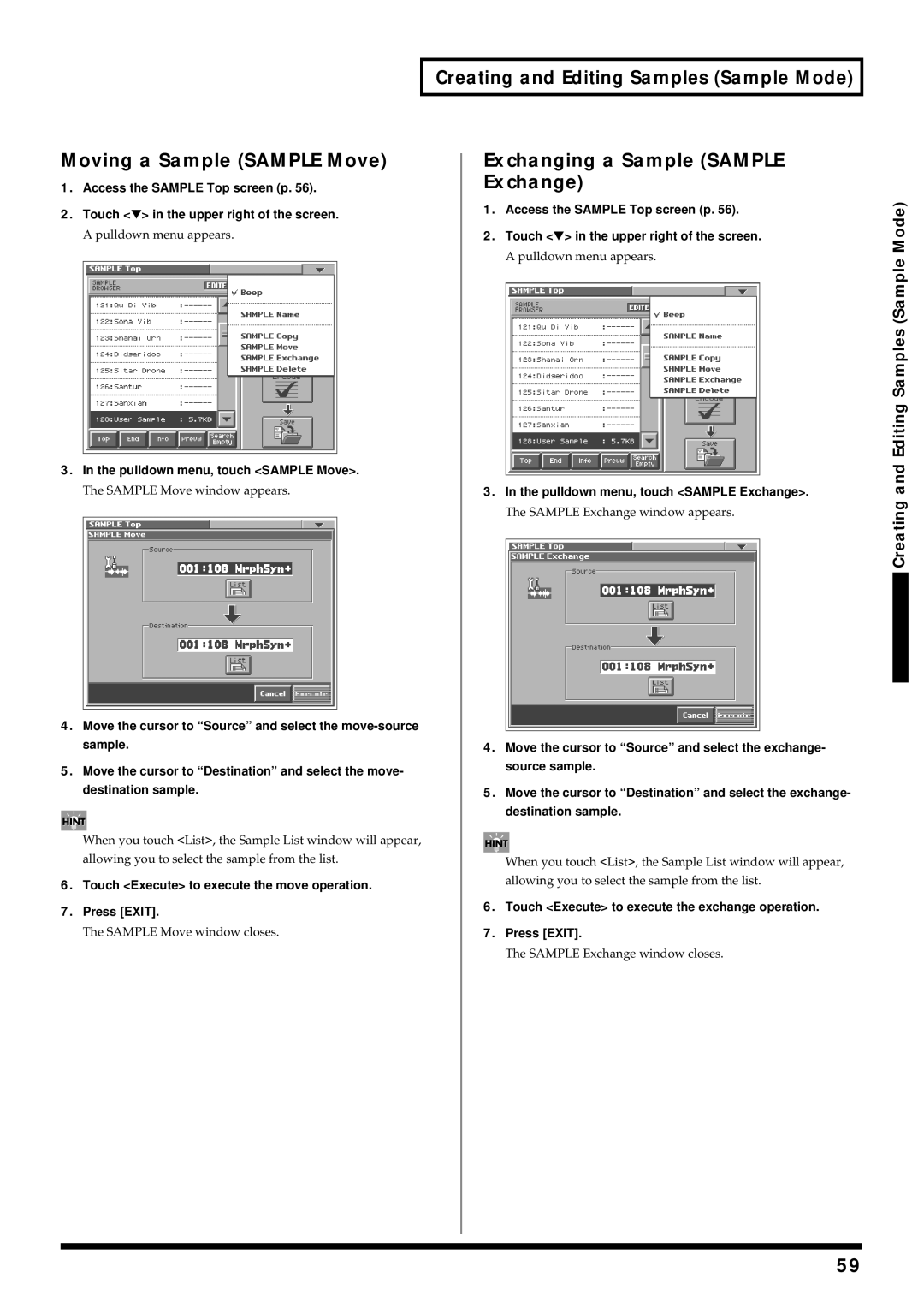 Roland V-Synth Moving a Sample Sample Move, Pulldown menu, touch Sample Move, Pulldown menu, touch Sample Exchange 