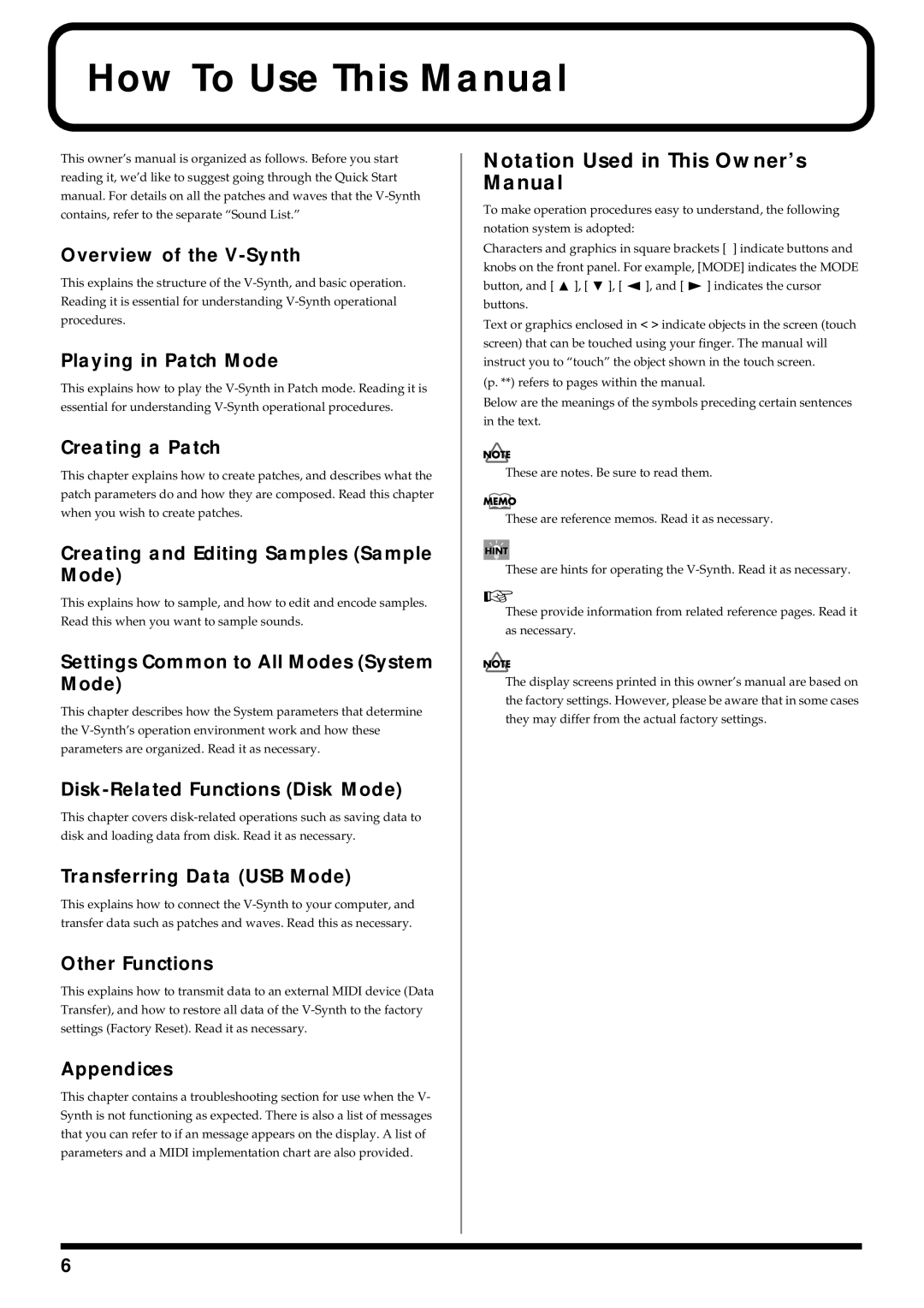 Roland V-Synth owner manual How To Use This Manual 