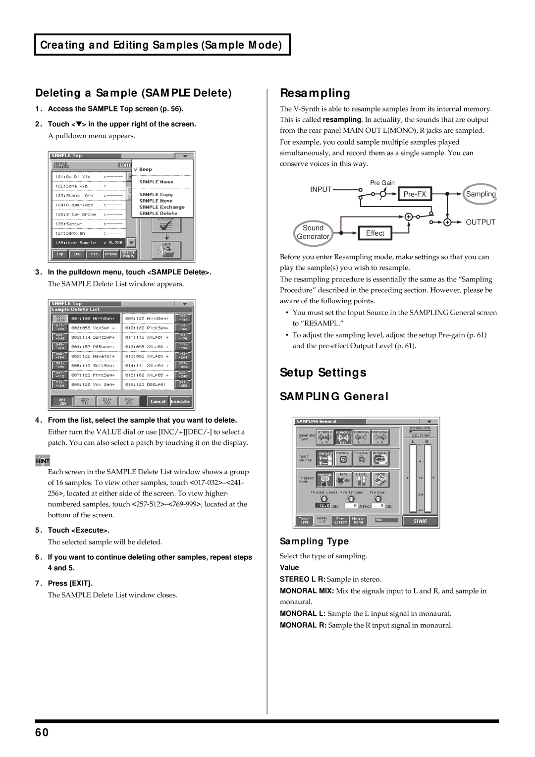 Roland V-Synth owner manual Resampling, Setup Settings, Sampling General, Sampling Type 