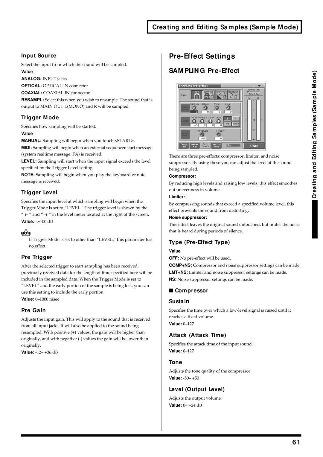 Roland V-Synth owner manual Pre-Effect Settings, Sampling Pre-Effect 