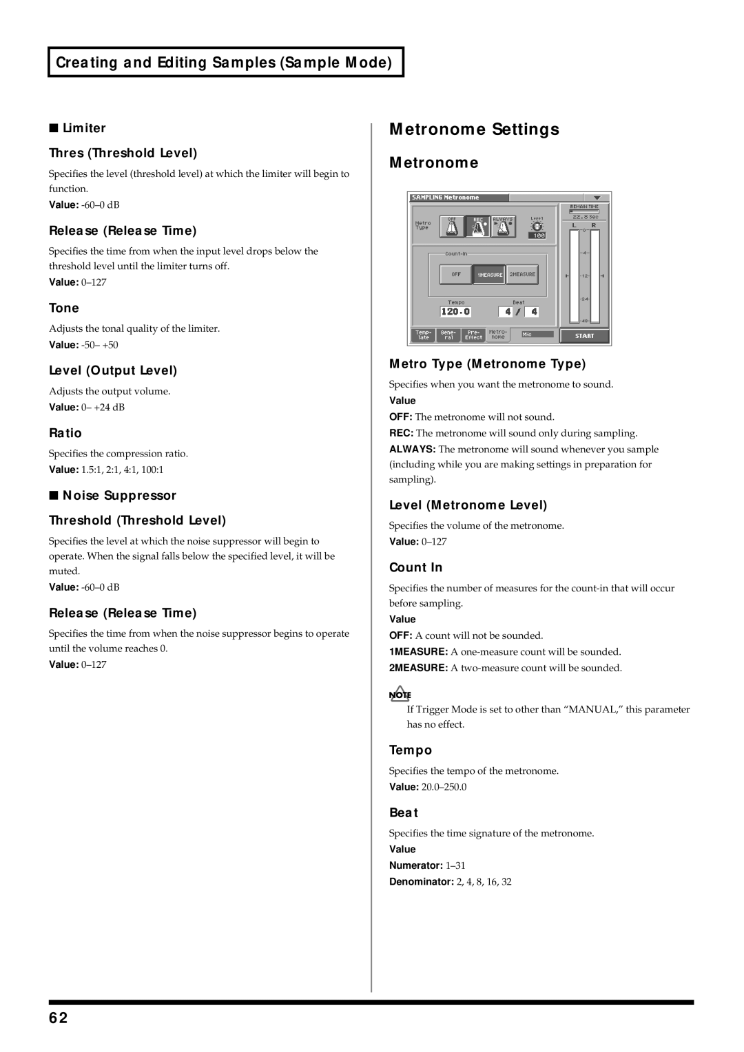 Roland V-Synth owner manual Metronome Settings 