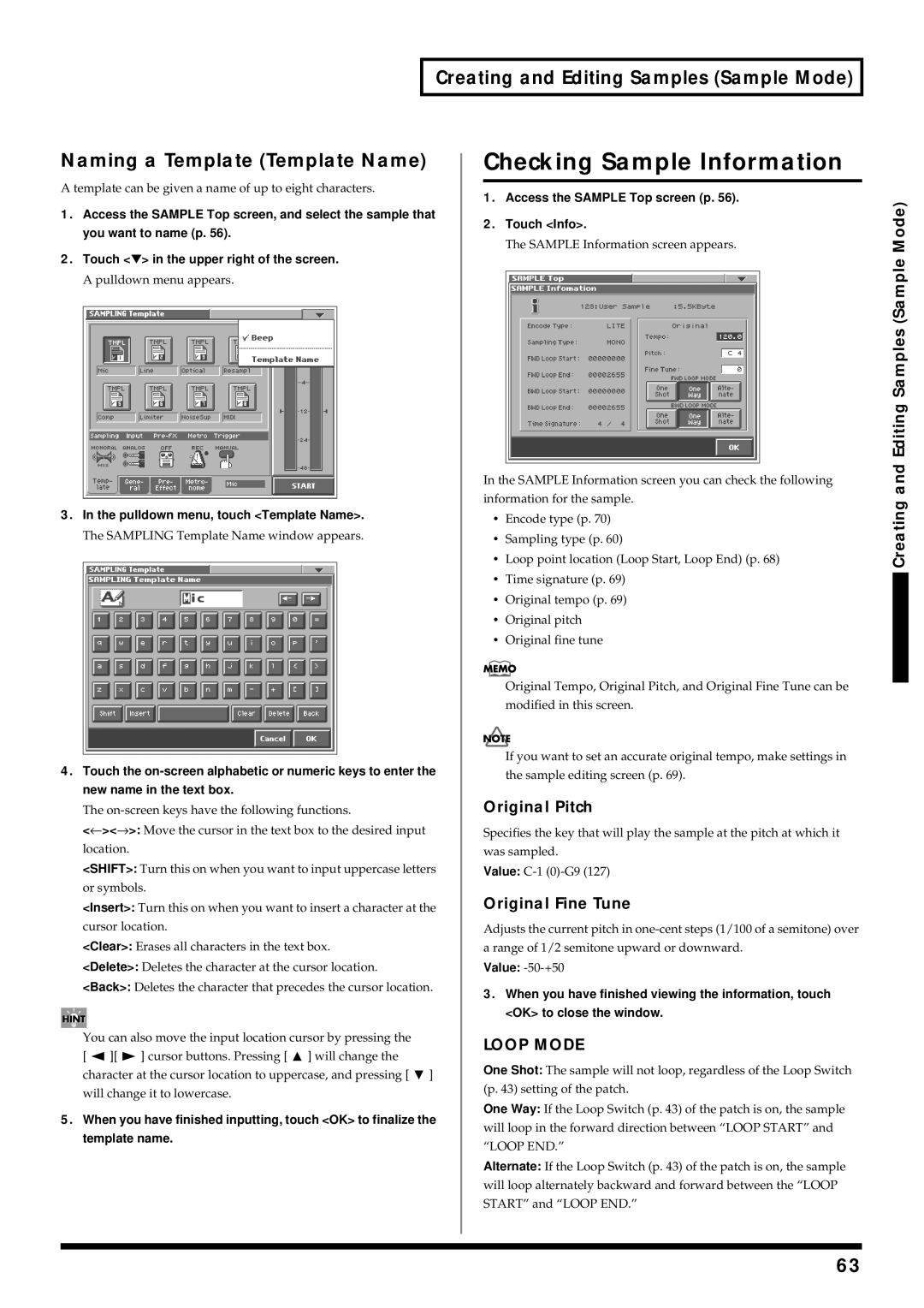 Roland V-Synth owner manual Checking Sample Information, Original Pitch, Original Fine Tune 